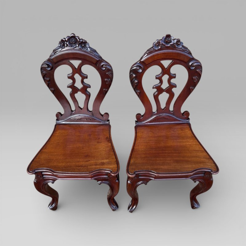 Antique Pair of Victorian Carved Mahogany Hall Chairs - Image 4